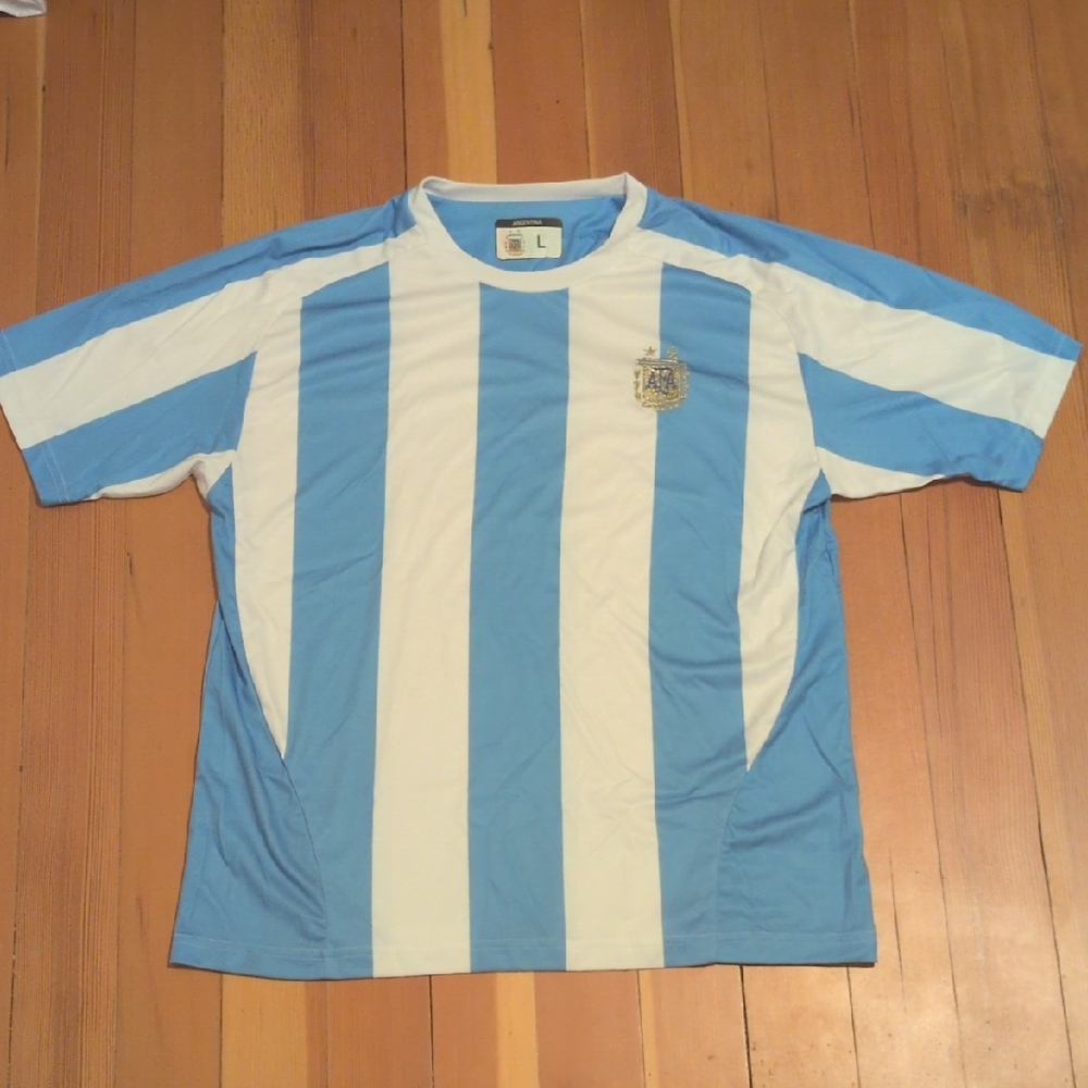 Blue and White Striped Soccer Jersey Large